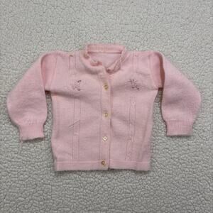 Vintage Hand Knit Pink Baby Girls Toddler Cardigan Sweater Cable Poodle Dog